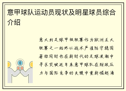 意甲球队运动员现状及明星球员综合介绍